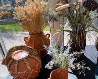 Filipino ceramic vase + pitchers with woven accents