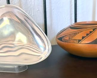 Nambe bowl; Navajo pot signed “4-76 Nyxx”