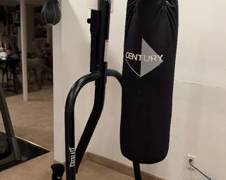 a freestanding metal boxing station—featuring an Everlast-branded dual-station