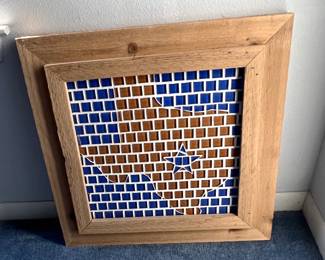 Handcrafted mosaic tile wall art depicting the state of Texas set within a rustic wooden frame.