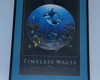 Framed marine life art poster titled "Timeless Waltz" by David Miller, featuring orcas and tropical fish, double-matted in a black frame.