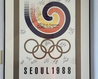 Framed 1988 Seoul Olympics poster signed by members of the US Women's Basketball Gold Medal Team in a black frame.