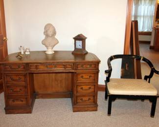 Curved Leather Top Desk, Peasant Girl Bust, Century Ebony Chair