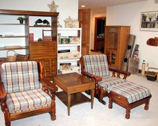 1970’s Heavy Pine Furniture (Rocker, Chair with Ottoman, Loveseat)