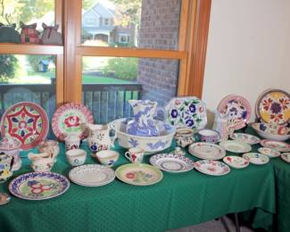 Nice Collection of Antique Stick Spatterware, Maastricht Spongeware & Staffordshire Spongeware Dating from 1750 - 1820, Mason's Blue & White Pitcher & Bowl
