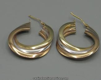 Lot 105: 14k tri-color gold twisted hoop earrings, 3.3 grams