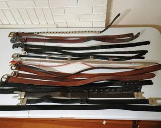 Belts, mostly leather, one in the back is Harley Davidson