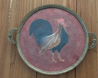 Vtg Reverse painted rooster on glass tray,