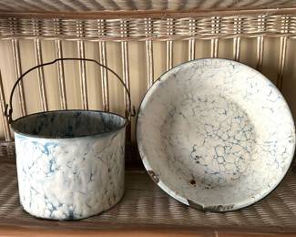 Antique Blue & White enamelware bucket and wash basin,  $28 each