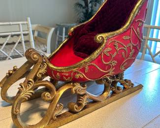 Large Red & Gold Sleigh with Burgundy seat upholstery, 21"L x 7.5"H x 3.75"W,  $75 