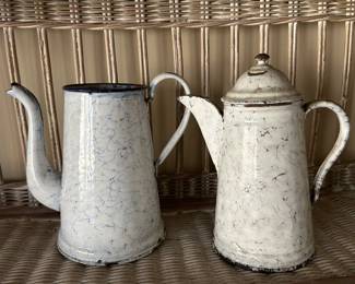 Blue And White antique enamelware pitcher and Coffee Pot, $40 each
