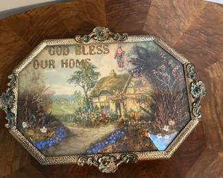 Antique God Bless Our Home Convex Glass Diorama Picture Frame, with dried flowers, 