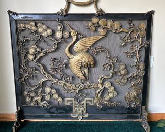 Beautiful antique brass fireplace screen with heron on cherry blossoms, circa 1900, 