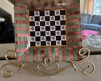 Mackenzie Childs square plate with rose checkerboard and pink/green stripes,
