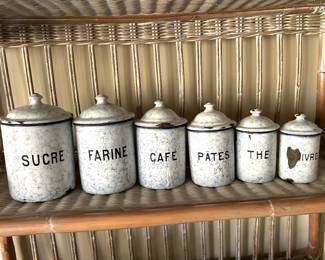 6 French antique Enamelware Complete set canisters, blue & white, $75