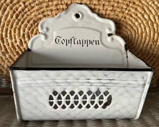 Vintage German Enamelware Toppflappen Holder  (potholder wall pocket/store vegetables), 9" x 4.5" x 10"H,  $35