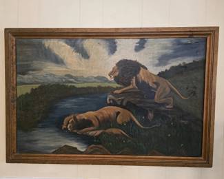 52" x 34" Large vintage oil on wood. Signed by artist.