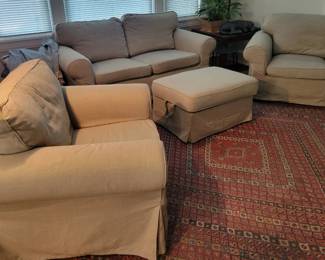 PRESALE - $400 FOUR-PIECE IKEA SLIP COVER LOVESEAT, 2 TWO CHAIRS AND STORAGE OTTOMAN