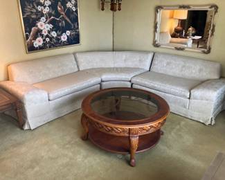 Vintage 3-piece curved sectional sofa w ivory jacquard upholstery