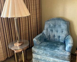 Vintage floor lamp w table, 1960's armchair w sky blue velour upholstery