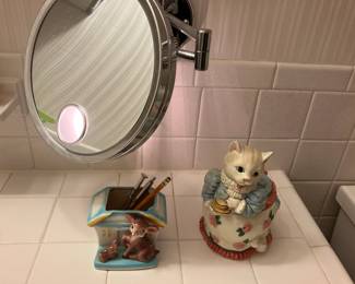 Lighted mirror with extension arm, Japan planter, Fitz & Floyd cat jar