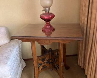 Antique Victorian parlor table, fluid lamp w cranberry glass font