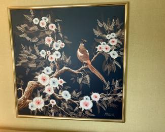 Signed painting w pheasant in a flowering tree
