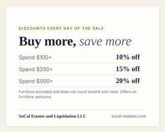Buy more, save more, every day of the sale! Spend $100 for 10% off, $250 for 15% off, $500 for 20% off. Furniture excluded, offers on furniture welcome.