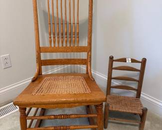 antique oak sprindel sewing chair, childs chair