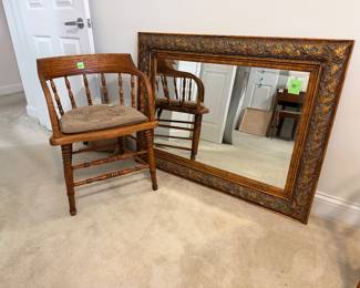 Large decorative mirror, vintage wooden barrel-back captain's chair