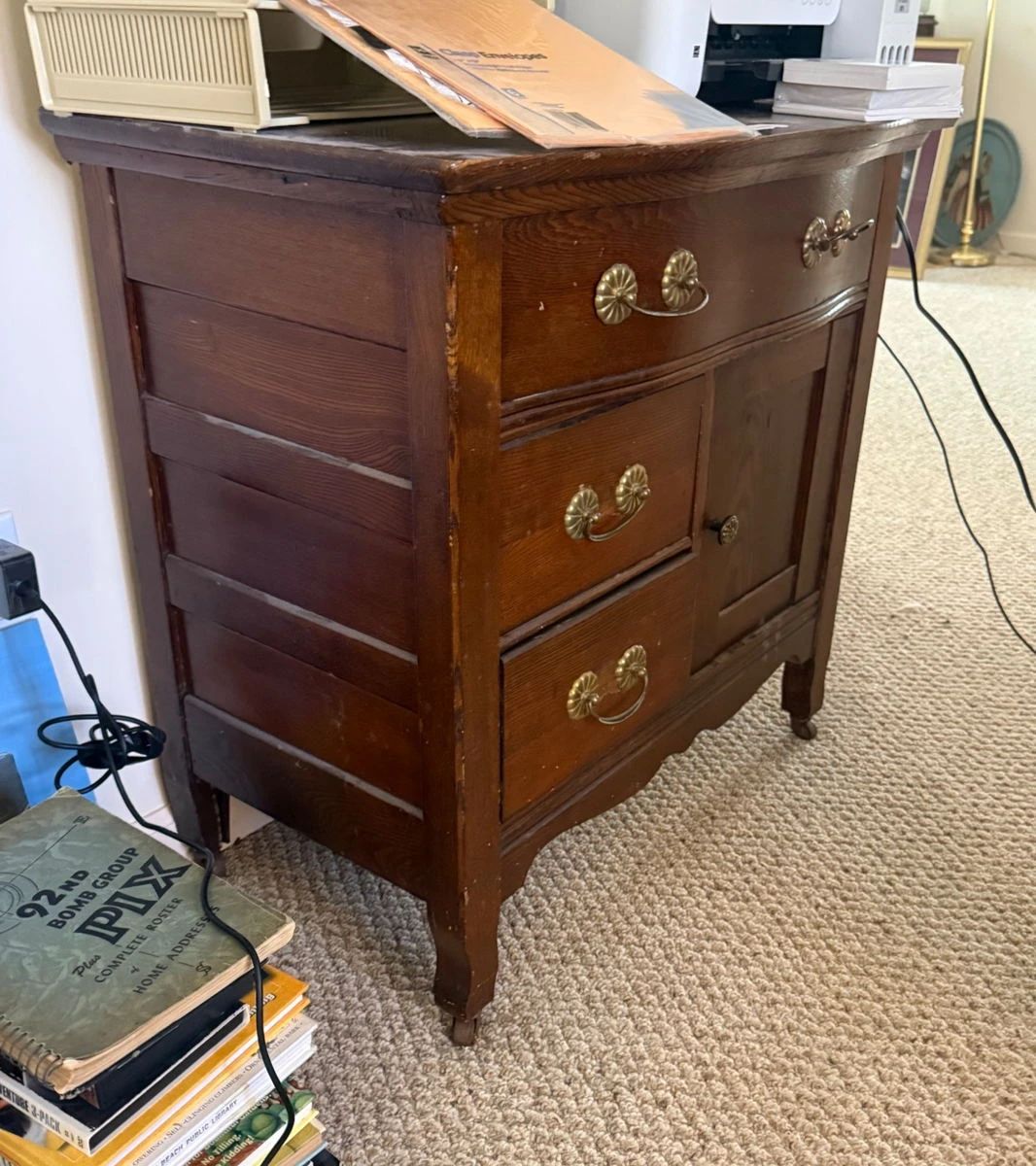 Lot 7312655: Antique Oak Washstand Commode 3 Drawers, Door & Brass Pulls