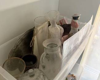 Lot 7313766: Vintage Figural Clothes Brush, Glass Jars & Bottles in Clear Bin