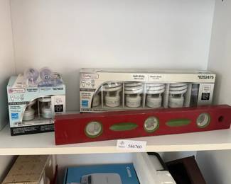 Lot 7313761: Red Torpedo Level & Boxes of Glass Candle Holders