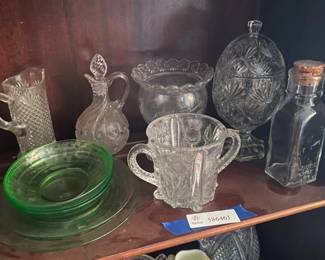 Lot 7313275: Vaseline/Uranium Glass Grouping incl. Cruet, Plates & Candy Dish
