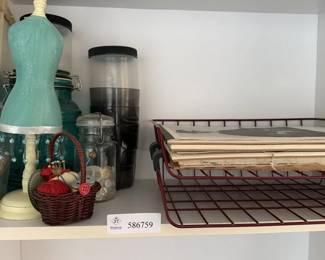 Lot 7313760: Black Wire Desk Tray with Papers, Small Basket & Decor