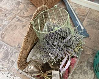 Lot 7313756: Decorative Wire Basket with Lavender, Wicker Basket & Brass Rod Lot