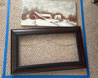Lot 7312935: Winter Barn Landscape Canvas Painting & Large Dark Wood Frame