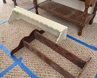 Lot 7312900: Pair of Wood Wall Shelves, Cream Scalloped & Dark Stained