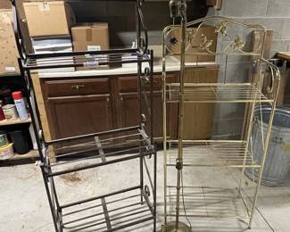 Lot 7313212: Pair of Bakers Racks & Brass Floor Lamp, Iron and Brass