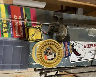Lot 7313207: Fishing Rod & Reel Combos, Tackle Box, Line & Steelheaders Sign