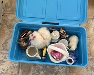 Lot 7313757: Blue Lidded Storage Box with Figurines & Small Collectibles