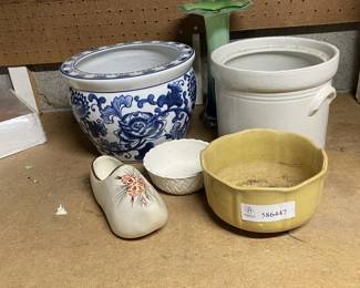 Lot 7313210: Stoneware Crock, Blue & White Planter & Pottery Grouping, 6 Pcs