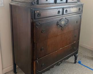 Lot 7312883: Antique Carved Walnut Tall Chest of Drawers w/ Contents