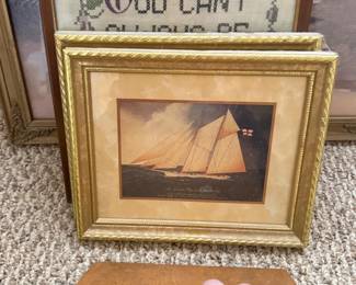 Lot 7312936: Framed Art Grouping incl. Egyptian Papyrus, Samplers & Golf Decor