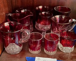 Lot 7313274: Ruby Flash Souvenir Glass Grouping - Mugs, Tumblers, Pitchers
