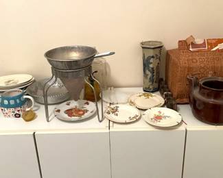 Lot 7313665: Brown Stoneware Teapot, China & Vintage Kitchenware Grouping