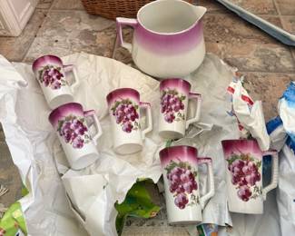 Lot 7312945: Antique Grape Motif Pitcher & 6 Mug Cider Set, 7 Pieces