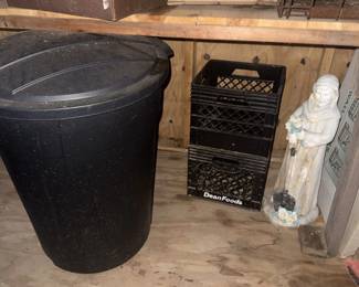 Lot 7313786: Black Trash Can, Milk Crates & Garden Statue of St. Francis