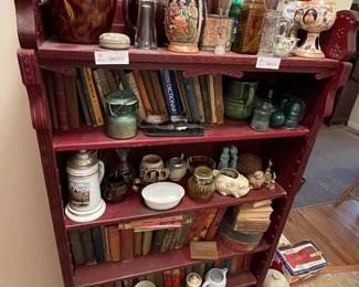 Lot 7313281: Antique Victorian Carved Wood Bookcase, Red Paint, 5 Shelves