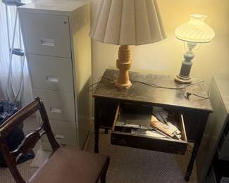 Lot 7312894: Antique Wood Writing Desk & Chair with 2 Table Lamps